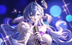 Rule 34 | 1girl, absurdres, bare shoulders, commentary request, dress, earrings, fur shawl, gloves, green eyes, grey hair, head wings, highres, holding, holding microphone, honkai: star rail, honkai (series), jewelry, long hair, looking at viewer, microphone, music, naixi cc, open mouth, reaching, reaching towards viewer, robin (honkai: star rail), shawl, singing, solo, sparkle, strapless, strapless dress, upper body, white dress, white gloves, wings
