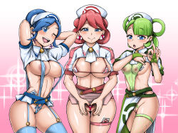 Rule 34 | 3girls, ;d, absurdres, areola slip, arms behind head, belt, bikini, blue eyes, blue hair, blue thighhighs, blunt bangs, blush, breasts, character request, cleavage, come hither, condom, condom wrapper, creatures (company), ear piercing, earrings, female pubic hair, fishnet legwear, fishnets, game freak, garter straps, green hair, hat, highres, jewelry, junajuice, large breasts, leotard, long hair, looking at viewer, micro bikini, miniskirt, multiple girls, navel, nintendo, nipple piercing, nipples, nurse cap, one eye closed, open mouth, penetration gesture, piercing, pink hair, pokemon, pokemon masters ex, presenting, pubic hair, revealing clothes, see-through, siblings, sisters, skirt, slingshot swimsuit, small breasts, smile, swimsuit, take your pick, teeth, thigh strap, thighhighs, tricia (pokemon), trinnia (pokemon), trista (pokemon)