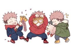 Rule 34 | 1boy, aged down, animal puppet, black pants, child, closed eyes, facial mark, green jacket, grin, hand puppet, happy, happy birthday, highres, holding, holding party popper, hood, hood down, hoodie, itadori yuuji, jacket, jujutsu kaisen, jujutsu tech uniform, long sleeves, male focus, multiple views, open mouth, pants, party popper, pink hair, puppet, red footwear, red hoodie, school uniform, shoes, short hair, simple background, smile, spiked hair, standing, tootigee, undercut, white background, yellow-framed eyewear, yellow footwear