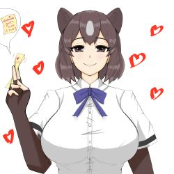 Rule 34 | 1girl, alternate breast size, animal ears, arm at side, bear ears, bow, bowtie, breasts, brown bear (kemono friends), brown eyes, brown gloves, brown hair, collared shirt, colored inner hair, commentary, dress shirt, elbow gloves, english commentary, english text, fingerless gloves, gloves, grey hair, hand up, heart, highres, holding, huge breasts, kemono friends, looking at viewer, medium hair, multicolored hair, nanoder, note, paper, parted bangs, shirt, short sleeves, simple background, smile, solo, taut clothes, taut shirt, two-tone hair, upper body, white background, white shirt, wing collar
