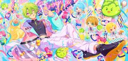 Rule 34 | 4boys, ;q, absurdres, amiran ( q mo), belt, black belt, black footwear, can, candy, cellphone, chain belt, chibi, chibi inset, colorful, crop top, cropped jacket, cross-laced collar, drawstring, drink can, ensemble stars!, food, food with face, full body, heart, heart-shaped lollipop, highres, holding, holding candy, holding food, holding lollipop, holding phone, jacket, knee up, lollipop, male focus, multicolored background, multicolored clothes, multicolored jacket, multiple boys, nito nazuna, one eye closed, pants, phone, reclining, ribbon, shaped lollipop, shino hajime, shoes, smartphone, smile, soda, soda can, solo focus, split mouth, takamine midori, tomoe hiyori, tongue, tongue out, v, white pants, wrapped candy