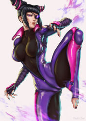 Rule 34 | 1girl, barefoot, biker clothes, bikesuit, black hair, bodysuit, breasts, dandon fuga, eyepatch, feet, fighting stance, fingerless gloves, gloves, han juri, large breasts, leg up, licking lips, nail polish, purple bodysuit, solo, street fighter, street fighter v, toeless legwear, toenail polish, toenails, toes, tongue, tongue out