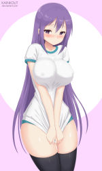 Rule 34 | aqua buruma, bare arms, black thighhighs, blush, breasts squeezed together, breasts, buruma, closed mouth, clothes pull, covered erect nipples, covering privates, covering crotch, embarrassed, feet out of frame, furrowed brow, gj-bu, gym uniform, hair between eyes, kainkout, large breasts, legs together, long hair, looking at viewer, narrow waist, no bra, pulling own clothes, purple eyes, purple hair, shirt, shirt pull, short sleeves, standing, straight hair, sumeragi shion, thighhighs, very long hair, white shirt