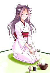 Rule 34 | 10s, 1girl, chasen, cup, japanese clothes, jun&#039;you (kancolle), kantai collection, kimono, long hair, mikage takashi, one-hour drawing challenge, purple eyes, purple hair, seiza, sitting, solo, spiked hair