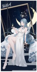 Rule 34 | 1girl, absurdres, alcohol, azur lane, bare legs, bare shoulders, barefoot, blue hair, blush, border, breasts, champagne, champagne (adulation eternal) (azur lane), champagne (azur lane), champagne flute, closed eyes, closed mouth, copyright name, cup, dress, drinking glass, feet, full body, hand up, highres, holding, holding cup, jewelry, knee up, legs, long hair, necklace, official alternate costume, outside border, ping zhong yu, ring, signature, small breasts, smile, solo, toenails, toes, very long hair, wedding dress, wedding ring, white border