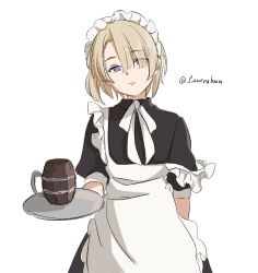 Rule 34 | 1boy, alternate costume, androgynous, apron, black dress, blonde hair, blunt bangs, closed mouth, crossdressing, dress, freckles, freminet (genshin impact), frilled apron, frills, genshin impact, hair over one eye, highres, holding, holding plate, looking at viewer, maid, maid apron, maid headdress, male focus, off shoulder, pizarrokun, plate, puffy short sleeves, puffy sleeves, purple eyes, ribbon, short hair, short sleeves, simple background, solo, trap, white apron, white background, white ribbon