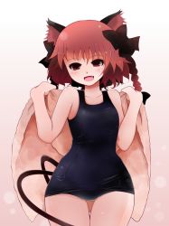 Rule 34 | 1girl, animal ears, arano oki, braid, cat ears, cat girl, cat tail, fang, female focus, highres, kaenbyou rin, multiple tails, one-piece swimsuit, red eyes, red hair, school swimsuit, skindentation, solo, swimsuit, tail, thigh gap, touhou, towel, twin braids, twintails, wide hips