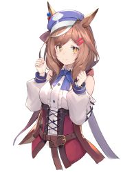 Rule 34 | 1girl, absurdres, animal ears, blue bow, blue bowtie, blush, bow, bowtie, brown eyes, brown hair, buttons, closed mouth, collared shirt, cropped torso, hat, highres, horse ears, horse girl, matikane tannhauser (umamusume), multicolored hair, ryou (ponpgo), shirt, short hair, simple background, smile, solo, streaked hair, umamusume, upper body, white background, white hair, white shirt