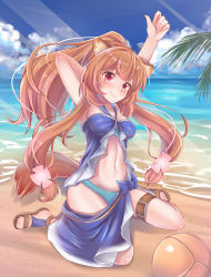 Rule 34 | 1girl, absurdres, aisha (rfrm), animal ear fluff, animal ears, arms up, ball, beach, beachball, bikini, blue bikini, blue sky, blush, breasts, brown footwear, brown hair, cloud, commentary request, day, groin, halterneck, head tilt, highres, long hair, looking at viewer, medium breasts, navel, ocean, outdoors, partial commentary, ponytail, raccoon ears, raccoon girl, raccoon tail, raphtalia, red eyes, sandals, sarong, shadow, sitting, sky, smile, solo, stomach, stretching, swimsuit, tail, tate no yuusha no nariagari, thigh strap, thighs, wariza, water