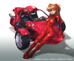 Rule 34 | 1girl, :d, arm support, blue eyes, bodysuit, boyaking, breasts, breasts apart, brown hair, campagna t-rex, car, commentary request, full body, gradient background, grey background, interface headset, latex, latex suit, long hair, motor vehicle, neon genesis evangelion, open mouth, photoshop (medium), plugsuit, rebuild of evangelion, shadow, simple background, sitting, skin tight, small breasts, smile, solo, souryuu asuka langley, three-wheeler, vehicle, vehicle focus, wheel, white background