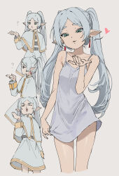 Rule 34 | 1girl, ?, absurdres, bare arms, blowing kiss, camisole, capelet, closed eyes, closed mouth, commentary request, dohyo123123, dress, earrings, elf, frieren, green eyes, grey background, heart, highres, jewelry, long hair, long sleeves, looking at viewer, multiple views, pointy ears, praying, pursed lips, simple background, smile, sousou no frieren, thick eyebrows, twintails, white camisole, white capelet, white dress, white hair