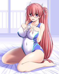 Rule 34 | 1girl, barefoot, breasts, competition swimsuit, covered navel, glasses, hair ribbon, hands on own chest, large breasts, log-mi (tonpuu), long hair, looking at viewer, one-piece swimsuit, original, pink hair, purple eyes, ribbon, sitting, solo, swimsuit, tonpuu, twintails, wariza, white ribbon, wide hips