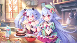 Rule 34 | 2girls, :d, ;q, blue hair, blush, bow, cake, character request, closed mouth, commentary request, copyright notice, cutting board, food, fruit, frying pan, green headwear, green skirt, hair between eyes, hair bow, holding, indoors, komachi pochi, layered skirt, long hair, mist train girls, mixing bowl, multiple girls, official art, ok sign, one eye closed, open mouth, pastry bag, pink skirt, pleated skirt, polka dot, polka dot headwear, polka dot skirt, puffy short sleeves, puffy sleeves, red bow, red eyes, short sleeves, skirt, smile, spatula, strawberry, striped, striped bow, tilted headwear, tongue, tongue out, twintails, very long hair, window, wrist cuffs