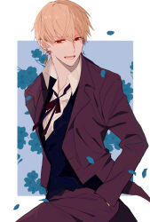Rule 34 | 1boy, blonde hair, border, collared shirt, commentary, cowboy shot, earrings, fate/grand order, fate (series), floral print, formal, gilgamesh (fate), hand in pocket, highres, jewelry, lapels, long sleeves, looking at viewer, lower teeth only, male focus, neck ribbon, notched lapels, open clothes, open mouth, petals, red eyes, ribbon, shirt, short hair, shu (oshigoto boshuuchuu), solo, teeth, white border