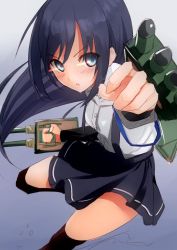 Rule 34 | 10s, 1girl, agarwood, arm warmers, asashio (kancolle), black hair, black legwear, black skirt, blue eyes, blush, buttons, collared shirt, eyebrows, glowing, glowing eyes, gradient background, holding, kantai collection, long hair, looking at viewer, parted lips, pleated skirt, reaching, reaching towards viewer, shirt, short sleeves, skirt, solo, suspender skirt, suspenders, white shirt