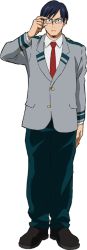 Rule 34 | 1boy, blue hair, boku no hero academia, clothes, full body, glasses, iida tenya, looking at viewer, male focus, necktie, official art, pants, school uniform, serious, shirt, shoes, short hair, simple background, solo, standing