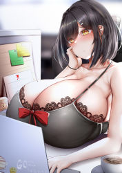 Rule 34 | 1girl, black bra, black hair, black ribbon, blouse, blush, bow, bra, breast rest, breasts, breasts on table, bursting breasts, chair, chomikuplus, cleavage, closed mouth, coffee, coffee cup, collarbone, commission, computer, cup, dawn (chomikuplus), desk, disposable cup, emoji, english text, frown, gigantic breasts, hair ornament, hairclip, hand on own cheek, hand on own face, highres, huge breasts, indoors, lace, lace bra, laptop, medium hair, mole, mole on breast, mole under eye, office, office chair, original, parted bangs, red bow, ribbon, saturn (planet), saucer, shirt, sideboob, solo, sticker, sticky note, swivel chair, thinking emoji, underwear, underwear only, upper body, white shirt, yellow eyes