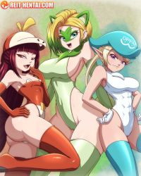 Rule 34 | 3girls, animal ears, ass, bare shoulders, blonde hair, blue eyes, breasts, brown hair, cosplay, covered navel, creatures (company), curvy, fuecoco, fuecoco (cosplay), game freak, gloves, highleg, highleg swimsuit, leg up, long hair, multiple girls, nintendo, pointy ears, pokemon, purple eyes, quaxly, quaxly (cosplay), red eyes, reit, shiny skin, smile, socks, sprigatito, sprigatito (cosplay), swimsuit, wide hips