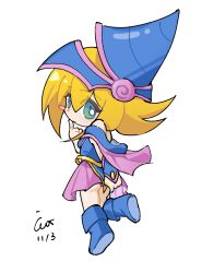 Rule 34 | 1girl, blonde hair, blue eyes, blue footwear, blue hat, blush stickers, boots, capelet, chibi, clothes tug, dark magician girl, dated, finger to mouth, from behind, full body, hat, highres, knee boots, looking back, medium hair, miniskirt, off shoulder, panties, pink capelet, pink skirt, sidelocks, signature, simple background, single vambrace, skin tight, skirt, solo, tt (joesther3), underwear, vambraces, white background, wizard hat, yu-gi-oh!, yu-gi-oh! duel monsters