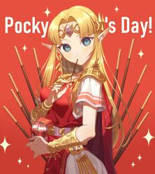Rule 34 | 1girl, alternate color, armor, blonde hair, blue eyes, blush, bracer, circlet, closed mouth, commentary, dated commentary, dress, earrings, english commentary, eyelashes, food, food in mouth, forehead jewel, gem, hand up, holding, holding food, holding pocky, hoop earrings, jewelry, long hair, looking at viewer, miri (cherryjelly), nintendo, parted bangs, pocky, pocky day, pocky in mouth, pointy ears, princess zelda, purple gemstone, red background, red dress, short sleeves, shoulder armor, sidelocks, simple background, solo, sparkle, super smash bros., the legend of zelda, the legend of zelda: a link between worlds, triforce, triforce earrings, white dress