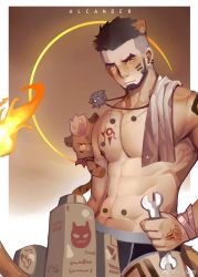 Rule 34 | 1boy, abs, alca (wakatanka4), alternate muscle size, animal ears, bara, beard, black hair, black male underwear, blush, briefs, bright pupils, chest tattoo, command spell, cowboy shot, dailang12345, ear piercing, facial hair, flustered, glowing, glowing eyes, gyee, highres, holding, jewelry, lion boy, lion ears, lion tail, looking at viewer, male focus, male underwear, mature male, muscular, muscular male, navel, necklace, nipples, original, pectorals, peeking out, piercing, short hair, solo, stomach, tail, tail raised, tattoo, thick eyebrows, topless male, undercut, underwear, underwear only