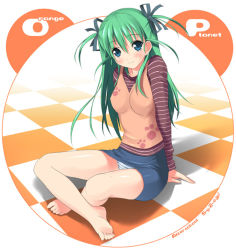 Rule 34 | 00s, 1girl, alice carroll, alternate costume, aria (manga), barefoot, feet, green hair, hair ribbon, kantoku, panties, pantyshot, paw print, ribbon, short twintails, soles, solo, striped clothes, striped panties, toes, twintails, two side up, underwear