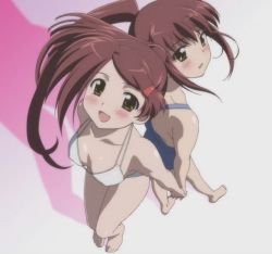 Rule 34 | 00s, 2girls, bandaid, bandaid on face, barefoot, blush, brown hair, covered erect nipples, female focus, from above, hair ornament, hairclip, holding hands, kissxsis, long hair, multiple girls, one-piece swimsuit, screencap, siblings, sisters, smile, suminoe ako, suminoe riko, swimsuit, twins, yellow eyes