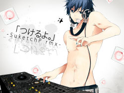 Rule 34 | 1boy, bad id, bad pixiv id, blue eyes, blue hair, condom, condom in mouth, dj, foreshortening, hatsuko, headphones, kaito (vocaloid), male focus, matching hair/eyes, mouth hold, phonograph, topless male, solo, turntable, vocaloid