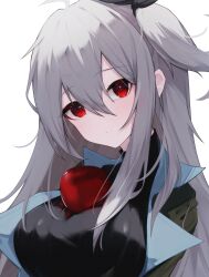 Rule 34 | 1girl, absurdres, apple, arknights, black sweater, blue jacket, breasts, closed mouth, expressionless, eyes visible through hair, food, food on body, food on breasts, fruit, green jacket, grey hair, hair between eyes, head tilt, highres, jacket, large breasts, light blush, long hair, looking at viewer, medium breasts, messy hair, open clothes, open jacket, red eyes, sidelocks, simple background, skadi (arknights), solo, sweater, turtleneck, turtleneck sweater, two-sided fabric, two-sided jacket, upper body, white background, worimehl