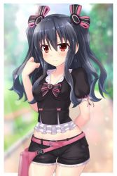 Rule 34 | 1girl, arm behind back, belt, belt pouch, black hair, black shirt, black shorts, blush, breasts, commentary request, cowboy shot, cropped shirt, covered erect nipples, hair between eyes, hair ribbon, hand up, highres, kazuneko (wktk1024), long hair, looking at viewer, neptune (series), outdoors, pink belt, pouch, red eyes, ribbon, shirt, short shorts, shorts, small breasts, solo, two side up, uni (neptunia)