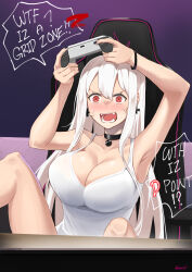 Rule 34 | 1girl, anger vein, arms up, black choker, blush, breasts, chair, choker, cleavage, commentary, controller, english commentary, english text, fangs, gaming chair, girls&#039; frontline, highres, holding, holding controller, kar98k (girls&#039; frontline), kion-kun, large breasts, long hair, open mouth, red eyes, sitting, solo, speech bubble, swivel chair, tank top, twitter username, white hair, white tank top