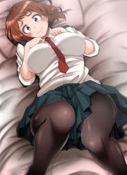 Rule 34 | 10s, 1girl, adahcm, bed sheet, black pantyhose, blush, blush stickers, boku no hero academia, breasts, brown eyes, brown hair, collared shirt, hands on own chest, highres, large breasts, looking at viewer, lying, on back, on bed, pantyhose, pleated skirt, red neckwear, school uniform, shirt, short hair, skirt, smile, solo, uraraka ochako