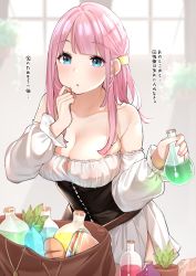 Rule 34 | 1girl, :o, bad id, bad pixiv id, bare shoulders, blue eyes, blunt bangs, blush, bottle, breasts, cleavage, collarbone, commentary request, corset, cowboy shot, crystal, detached sleeves, dress, food, hair ornament, hand up, holding, holding bottle, large breasts, long hair, long sleeves, looking at viewer, open mouth, original, pink hair, plant, potion, potted plant, sakura no tomoru hi e, sandwich, solo, strapless, strapless dress, translation request, white dress