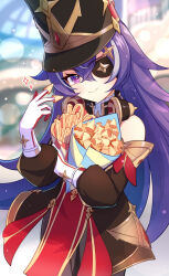 Rule 34 | &gt;:), 1girl, bare shoulders, blurry, blurry background, blush, chevreuse (genshin impact), closed mouth, commentary request, crossed bangs, detached sleeves, dress, earmuffs, earmuffs around neck, eyepatch, food, french fries, genshin impact, gloves, gold trim, hair between eyes, hat, highres, holding, holding food, long hair, looking at viewer, mole, mole under mouth, multicolored hair, pointy hair, puffy detached sleeves, puffy sleeves, purple eyes, purple hair, red dress, seitokai satoo-sgr, shako cap, sidelocks, smile, solo, streaked hair, two-tone hair, upper body, v, v-shaped eyebrows, very long hair, white gloves, white hair