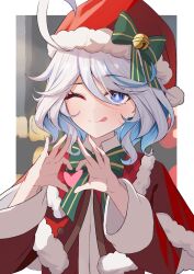 Rule 34 | 1girl, blue eyes, blue hair, christmas, furina (genshin impact), genshin impact, hat, light blue hair, looking at viewer, luochao0524, multicolored hair, one eye closed, red hat, solo, streaked hair