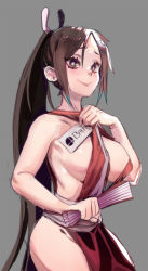 Rule 34 | 1girl, :&gt;, breasts, brown eyes, brown hair, folded fan, covered erect nipples, eyeliner, fatal fury, folding fan, grey background, hair ribbon, hand fan, highres, holding, holding letter, large breasts, letter, long hair, makeup, ninja, nintendo, no bra, no panties, ponytail, revision, ribbon, shiranui mai, sho-n-d, sideboob, solo, super smash bros., the king of fighters, thighs, very long hair