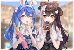 Rule 34 | 2girls, ahoge, amamiya kokoro, amamiya kokoro (8th costume), animal ears, aran sweater, bare shoulders, bear hair ornament, black necktie, black skirt, blue hair, blue nails, blue shirt, blue skirt, blurry, blurry background, blush, border, bow, bow earrings, brown hair, brown hairband, cable knit, center frills, churro, dating, detached sleeves, double bun, doughnut, earrings, eating, fake animal ears, fang, finger to mouth, food, frills, fur trim, grey hair, hair bun, hair ornament, hairband, heart, high-waist skirt, highres, jewelry, licking, licking finger, long hair, looking at viewer, multicolored hair, multiple girls, necktie, nijisanji, official alternate costume, open mouth, oyu (b 47p), pleated skirt, pom pom (clothes), pom pom hair ornament, rabbit ears, rabbit hair ornament, red eyes, red nails, shirt, skirt, sleeveless, sleeveless shirt, sleeveless turtleneck, split-color hair, star (symbol), streaked hair, sweater, turtleneck, twintails, two-tone hair, upper body, very long hair, virtual youtuber, white border, white hairband, white shirt, white sweater, x hair ornament, yellow eyes, yorumi rena, yorumi rena (11th costume)