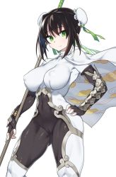 Rule 34 | 1girl, bad id, bad twitter id, black gloves, black hair, bodysuit, breasts, bun cover, cameltoe, closed mouth, covered erect nipples, covered navel, elbow gloves, fate/grand order, fate (series), fingerless gloves, gloves, green eyes, hand on own hip, highres, holding, holding polearm, holding spear, holding weapon, impossible bodysuit, impossible clothes, kylin, large breasts, looking at viewer, nipples, polearm, qin liangyu (fate), ribbon, short hair, simple background, skin tight, smile, solo, spear, standing, thighs, weapon, white background