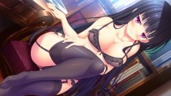 Rule 34 | 1girl, areola slip, black bra, black hair, black panties, black thighhighs, blush, book, bookshelf, bra, breasts, chair, cleavage, closed mouth, dutch angle, female focus, game cg, garter belt, garter straps, hinata nao, imouto paradise!, imouto paradise! 3, indoors, large breasts, leg up, legs, library, lingerie, long hair, looking at viewer, moonstone, nanase zakuro, original, panties, panties over garter belt, pink eyes, sitting, smile, solo, table, thighhighs, thighs, underwear