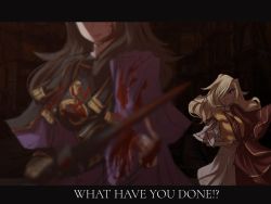 Rule 34 | 2girls, armor, blonde hair, blood, blood on clothes, blood on face, blood splatter, blurry, brown hair, centurii-chan (artist), english text, gold armor, greco-roman clothes, highres, legate (centurii-chan), letterboxed, long hair, multiple girls, original, praetorian (centurii-chan), roman clothes, tagme