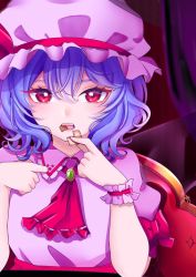 Rule 34 | 1girl, arms up, ascot, bat wings, blue hair, breasts, brooch, checkerboard cookie, commentary request, cookie, curtains, elbows on table, expressionless, fangs, food, hair between eyes, hand on own chest, hat, hat ribbon, highres, holding, holding cookie, holding food, jewelry, looking at viewer, mob cap, open mouth, partial commentary, planet sugar, puffy short sleeves, puffy sleeves, purple hat, purple shirt, red ascot, red eyes, remilia scarlet, ribbon, sash, shirt, short hair, short sleeves, sitting, small breasts, solo, teeth, touhou, transparent wings, upper body, wings, wrist cuffs