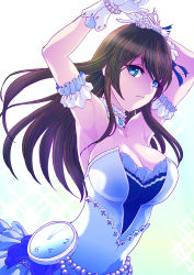 Rule 34 | 10s, 1girl, adapted costume, armpits, arms up, bare shoulders, black hair, blue eyes, breasts, cleavage, clock, commentary request, dress, female focus, formal, gloves, hairband, idolmaster, idolmaster cinderella girls, idolmaster cinderella girls starlight stage, jewelry, jitome, large breasts, long hair, looking at viewer, off-shoulder, off-shoulder sweater, off shoulder, rurukichi, sagisawa fumika, solo, strapless, strapless dress, sweater, tiara, upper body, white gloves