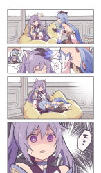 Rule 34 | 2girls, 4koma, ^^^, animal ears, bare shoulders, blush, cat ears, cat tail, closed eyes, closed mouth, comic, commentary request, detached sleeves, ganyu (genshin impact), genshin impact, goat horns, hair between eyes, hair ornament, headpat, heart, highres, horns, indoors, keqing (genshin impact), lap pillow, long hair, lying, maitake (kinokonabe hinanjo), multiple girls, notice lines, open mouth, pillow, purple eyes, purple hair, sitting, sleeping, spoken heart, spoken zzz, tail, very long hair, zzz