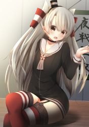 Rule 34 | 10s, 1girl, absurdres, amatsukaze (kancolle), blush, brown eyes, cowboy shot, crossed legs, dress, garter straps, hair tubes, highres, indoors, kantai collection, lifebuoy, long hair, long sleeves, looking at viewer, nanahane fl, open mouth, red thighhighs, sailor collar, sailor dress, short dress, silver hair, sitting, solo, striped clothes, striped thighhighs, swim ring, thighhighs, two side up