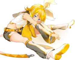 Rule 34 | 1girl, bare shoulders, belt, bent over, black collar, black shorts, blonde hair, blue eyes, bow, collar, commentary, crop top, detached sleeves, full body, grey legwear, grey shorts, grey sleeves, hair bow, headphones, headset, kagamine rin, leg warmers, nail polish, neckerchief, outstretched arms, own hands together, oyamada gamata, sailor collar, school uniform, shirt, short hair, short shorts, short sleeves, shorts, solo, spread legs, stretching, vocaloid, white bow, white footwear, white shirt, yellow nails, yellow neckerchief