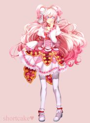 Rule 34 | 1girl, argyle, argyle clothes, argyle legwear, blue eyes, bow, bun cover, cake, choker, corset, earrings, food, food-themed clothes, food-themed ornament, frills, full body, hand on own face, heart, highres, jewelry, juliet sleeves, koutakunnohito, long hair, long sleeves, multicolored eyes, necklace, original, pantyhose, personification, pink background, pink hair, pink theme, pocketland, print skirt, puffy sleeves, purple eyes, red bow, shoes, skirt, smile, solo, standing, strawberry shortcake, striped, striped bow, two side up, white footwear, white pantyhose, white skirt