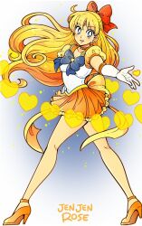 1girl aino_minako bishoujo_senshi_sailor_moon blonde_hair blue_eyes bow heart high_heels jen-jen_rose long_hair magical_girl miniskirt red_bow sailor_venus short_sleeves skirt super_sailor_venus_(stars) very_long_hair