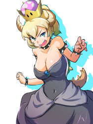 Rule 34 | 1girl, armlet, bare shoulders, black collar, black dress, blonde hair, blue eyes, bowsette, bracelet, breasts, claw pose, cleavage, clenched hand, collar, commentary, covered navel, crown, dress, dutch angle, earrings, fang, highres, horns, jewelry, large breasts, long dress, mario (series), new super mario bros. u deluxe, nintendo, open mouth, silhouette, simple background, smirk, solo, spiked armlet, spiked bracelet, spiked collar, spiked shell, spiked tail, spikes, strapless, strapless dress, super crown, tail, toraneko555, turtle shell, v-shaped eyebrows, white background