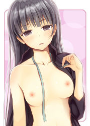 Rule 34 | 1girl, bad id, bad pixiv id, black eyes, black hair, blunt bangs, breasts, collarbone, kanden sky, long hair, nipples, open clothes, open shirt, original, parted lips, ribbon, shirt, solo, upper body