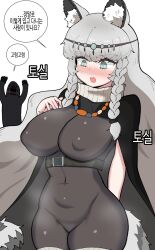 Rule 34 | 1girl, 1other, animal ears, arknights, arm behind back, arms up, black bodysuit, blue eyes, blush, bodysuit, braid, breasts, bright pupils, cape, circlet, covered erect nipples, cowboy shot, embarrassed, grey hair, highres, inset, jewelry, korean text, large breasts, leopard ears, leopard girl, leopard tail, long hair, looking down, mask, necklace, nose blush, open mouth, pramanix (arknights), simple background, skin tight, solo focus, steaming body, tail, translation request, turtleneck, twin braids, very long hair, white background, wwo2002